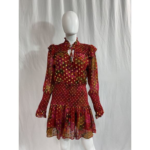 Farm Rio 'Banana' Red Flowers Smocked Long Sleeve Mockneck Mini Dress Size S - Picture 2 of 5